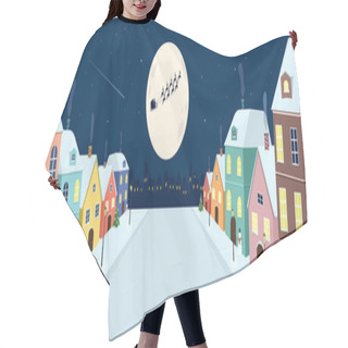 Personality  Merry Christmas Banner Vector Illustration, Sweet Pastel Colorful House With Panorama Road Street In Cute Lovely City Town, Santa Claus Flying In Sleigh With Nine Reindeers On Full Moon Sky Night, Winter Calibration Holiday Background. Hair Cutting Cape