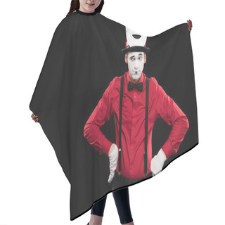 Personality  Grimacing Mime With Hands Akimbo And Mask On Hat Isolated On Black Hair Cutting Cape