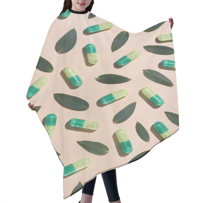 Personality  Top View Of Phytotherapy Pills With Green Leaves Pattern On Beige Surface Hair Cutting Cape