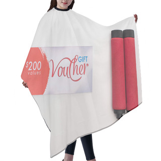 Personality  Top View Of Gift Voucher With 200 Dollars Sign Near Jump Rope On White Background Hair Cutting Cape