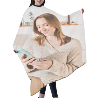 Personality  Smiling Pregnant Woman Messaging On Mobile Phone In Nursery Room At Home, Motherhood Expectation Hair Cutting Cape