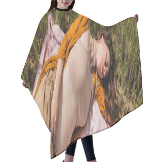Personality  Top View Of Brunette Pregnant Woman Lying In Field, Banner  Hair Cutting Cape