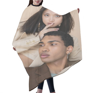 Personality  Trendy Asian Woman Touching Lips Near Young African American Man Isolated On Beige Hair Cutting Cape