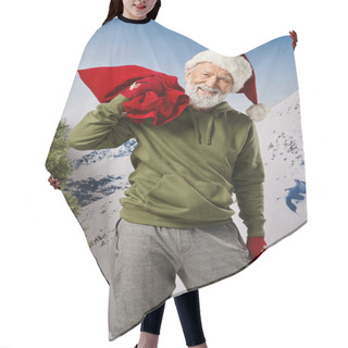 Personality  Joyful Santa With Christmassy Hat And Present Bag Smiling Cheerfully At Camera, Winter Concept Hair Cutting Cape