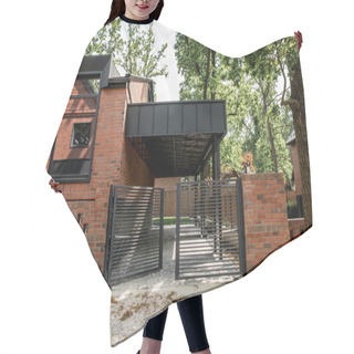 Personality  Real Estate Market, Brick Modern Cottage With Metal Fence And Large Windows Hair Cutting Cape