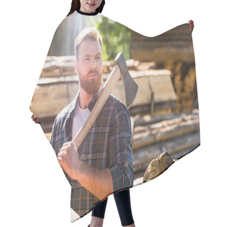 Personality  Lumberjack In Checkered Shirt Holding Axe On Shoulder At Sawmill Hair Cutting Cape