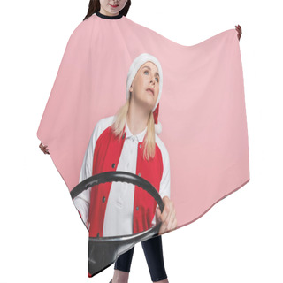 Personality  Blonde Woman In Santa Hat Holding Steering Wheel Isolated On Pink  Hair Cutting Cape