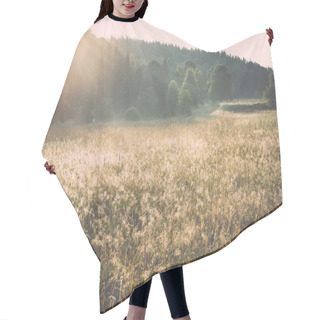 Personality  Misty Fields And Meadows After The Rain In Summer. Vintage. Hair Cutting Cape