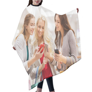 Personality  Happy Women With Smartphones And Shopping Bags Hair Cutting Cape