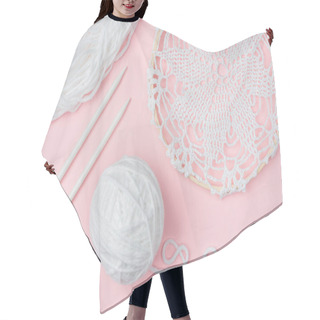 Personality  Flat Lay With White Yarn And Knitting Needles On Pink Backdrop Hair Cutting Cape