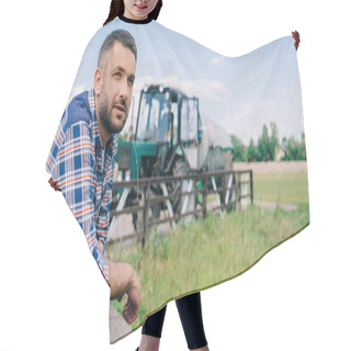 Personality  Handsome Middle Aged Farmer Leaning At Fence And Looking Away At Farm  Hair Cutting Cape