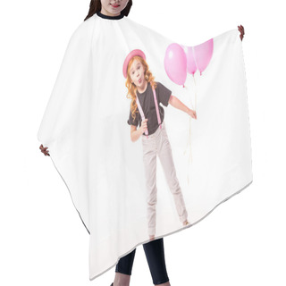 Personality  Grimacing Red Hair Kid Standing With Pink Balloons On White  Hair Cutting Cape
