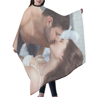 Personality  Side View Of Young Man Kissing Seductive Girlfriend In Underwear On Bed At Home Hair Cutting Cape