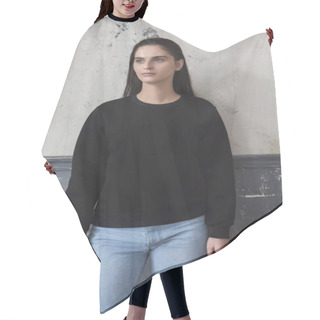 Personality  Young Hipster Girl Wearing Blank Black Cotton Sweatshirt With Copy Space For Your Design Or Logo, Mock-up Of Purple Template Womens Hoodie, Grey Wall In The Background Hair Cutting Cape