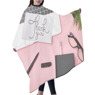 Personality  Top View Of Laptop, Green Plant, Coffee, Notebook, Glasses And Card With Thank You Lettering On Pink Background Hair Cutting Cape