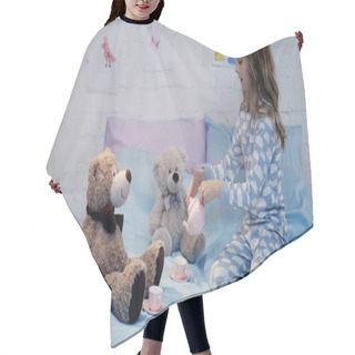 Personality  Side View Of Kid In Pajama Pouring Tea Near Teddy Bears On Bed  Hair Cutting Cape