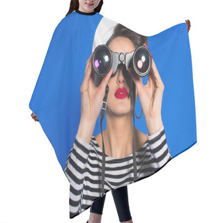 Personality  Obscured View Of Attractive Young Woman In Retro Clothing With Binoculars Isolated On Blue Hair Cutting Cape