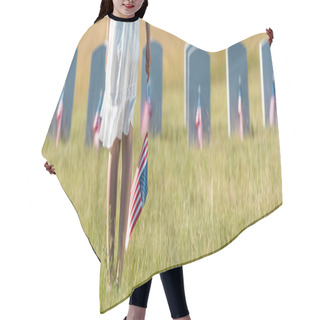 Personality  Panoramic Shot Of Child In White Dress Standing On Graveyard With American Flag  Hair Cutting Cape