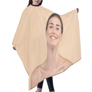 Personality  Happy Young Woman With Naked Shoulders Smiling At Camera Isolated On Beige, Beauty Concept Hair Cutting Cape
