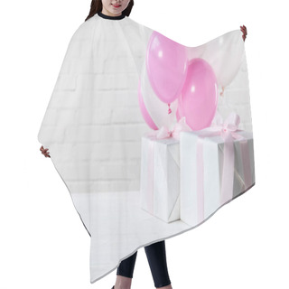Personality  Presents On Table With White And Pink Balloons On White Brick Wall Background Hair Cutting Cape