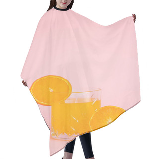 Personality  Glass Of Refreshing Juice And Sliced Orange On Pink Background Hair Cutting Cape