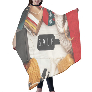Personality  Black Friday Big Sale Text Sign. Special Discount Christmas Offer. Advertising Message At Gift Boxes, Price Tags, Credit Cards, Money, Bags, Wallet On Rustic Background. Christmas Shopping Hair Cutting Cape