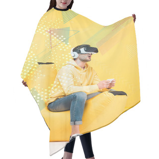 Personality  Excited Man On Bean Bag Chair In Virtual Reality Headset On Yellow With Cyberspace Illustration Hair Cutting Cape