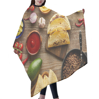 Personality  Top View Of Ingredients For Traditional Mexican Tacos On Wooden Surface Hair Cutting Cape