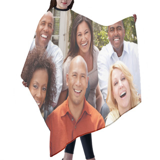 Personality  Diverse Group Of Friends Talking And Laughing. Hair Cutting Cape
