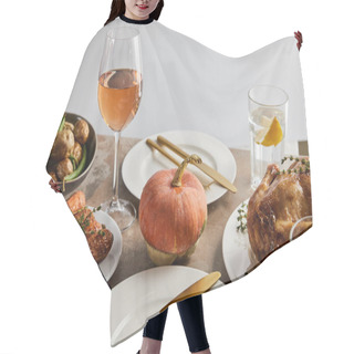 Personality  Thanksgiving Day Dinner With Baked Vegetables, Grilled Turkey And Glasses With Rose Wine And Lemon Water Isolated On Grey Hair Cutting Cape