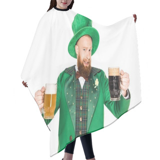 Personality  Bearded Man In Green Costume And Hat Holding Glasses Of Beer And Looking At Camera Isolated On White  Hair Cutting Cape