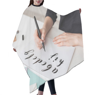 Personality  Portrait Of Young Woman Hands Writing Alphabet On Paper On Desk  Isolated Hair Cutting Cape
