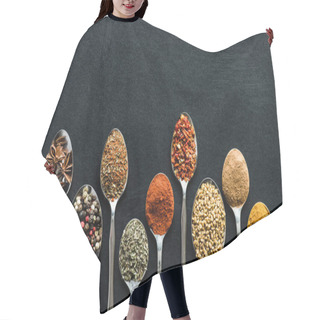 Personality  Various Spices And Herbs In Metal Spoons Hair Cutting Cape