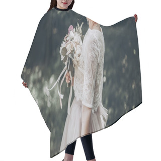 Personality  Bride With Bouquet Looking At Groom Hair Cutting Cape