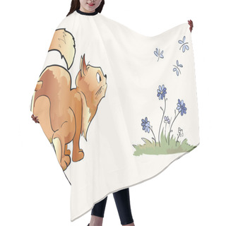 Personality  Surprised Cat Looking At Butterflies. Vector Illustration. Hair Cutting Cape