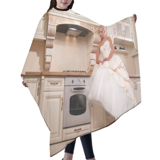 Personality  Beautiful Bride Stands In The Kitchen Hair Cutting Cape