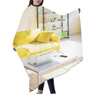 Personality  Living Room With Yellow Sofa, Shelf And Table With Laptop, Smartphone And Notepad In Sunlight Hair Cutting Cape