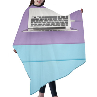 Personality  Top View Of Laptop On Purple And Blue Paper Background Hair Cutting Cape