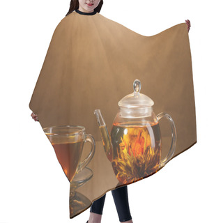 Personality  Glass Teapot And Cup With Exotic Green Tea On Wooden Table On Brown Background Hair Cutting Cape