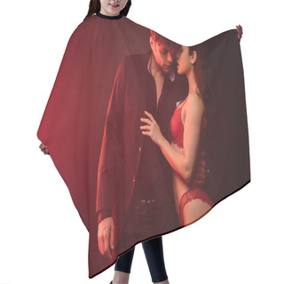 Personality  Beautiful Passionate Couple Hugging On Black With Red Light Hair Cutting Cape