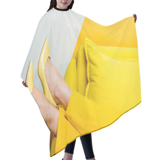 Personality  Cropped View Of Woman In Heels Near Pillows On White And Yellow  Hair Cutting Cape