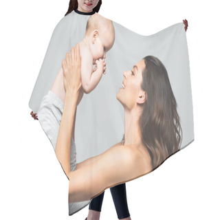 Personality  Portrait Of Smiling Naked Mother Holding Baby Boy, Isolated On Grey Hair Cutting Cape
