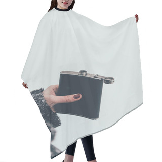 Personality  Cropped Shot Of Woman Holding Flask In Hand On Winter Day Hair Cutting Cape
