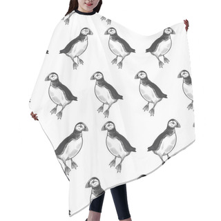 Personality  Puffins. Exotic Birds Deadlock. Seamless Pattern. Black Ink On White Background. Vector Illustration. Wild Life. Natural Motive Of Nature. For Paper, Wallpaper, Textiles, Ornamental Coverings. Hair Cutting Cape