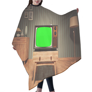 Personality  Old Vintage Television In House With Green Screen Hair Cutting Cape