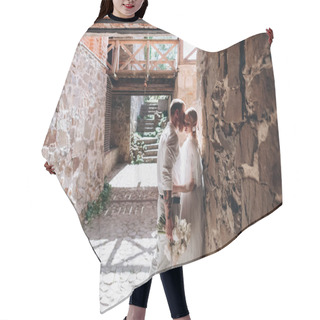 Personality  Beautiful Young Cuddling Bride And Groom Inside Of Ancient Building Hair Cutting Cape
