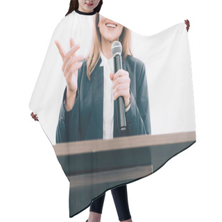 Personality  Cropped Image Of Smiling Speaker Gesturing And Talking At Podium Tribune During Seminar In Conference Hall Hair Cutting Cape