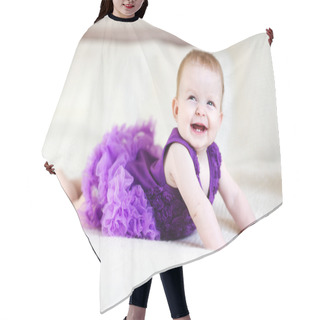 Personality  Laughing Baby Girl In Purple Dress On White Bed Hair Cutting Cape