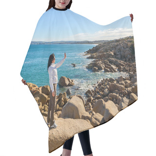 Personality  Woman Taking Selfie With Mobile Phone On The Sea Shore  Hair Cutting Cape