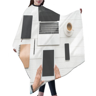 Personality  Top View Of Woman Holding Digital Tablet Near Gadgets And Cup With Coffee  Hair Cutting Cape